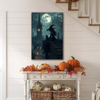 Halloween Witch Black Cat Wall Art,Magical Moon Witch on Roof with Black Cat at Night Scene Painting Haunting Dark Witches Canvas Print for Haunted House Party Decor Poster,24"x36" Framed