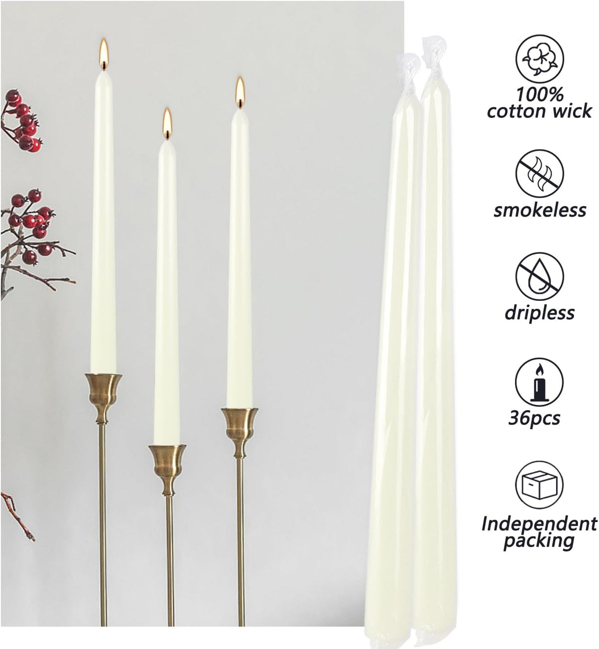 20 Pack Ivory Taper Candles 12 Inch Tall 3/4 Inch Thick Burn 10 Hours