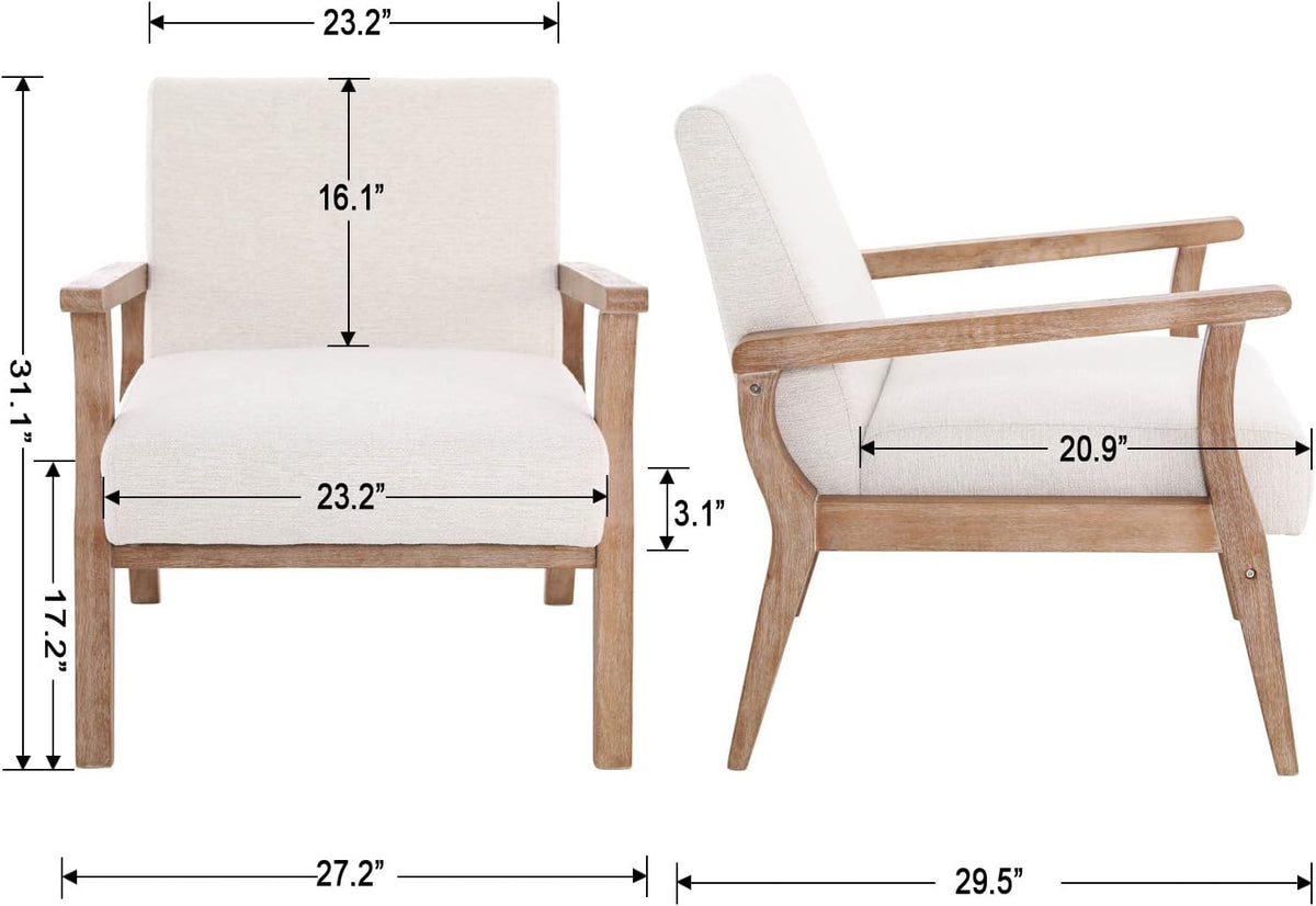 Mid Century Modern Accent Chair Set of 2, Linen Upholstered Living Room Accent Armchair with Wood Frame, Farmhouse Chair for Living Room Bedroom, Ivory