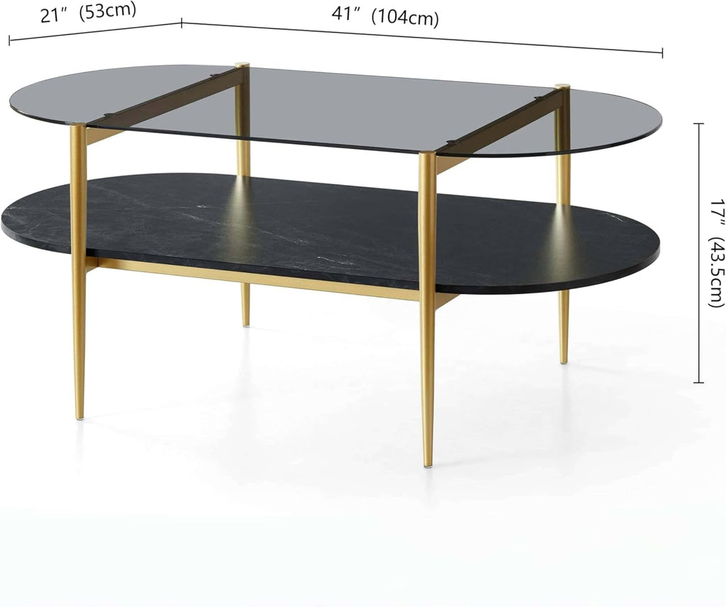 Oval Glass Coffee Table, Mid-Century Modern Design, L41 x W21 x H17 inch, for Living Room, Grey Glass Top, Black Marble Finish Wood Shelf & Gold Finish Frame