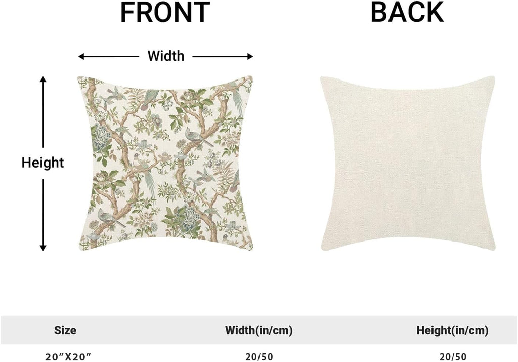 CXMEIFLY Chinoiserie Spring Pillow Covers 20 x 20 Inch Set of 2 for Sage Green Blue Vintage Flowers Bird Decor Throw Pillows Plant Farmhouse Outdoor Decorative Cushion Cases for Couch Bed Decorations