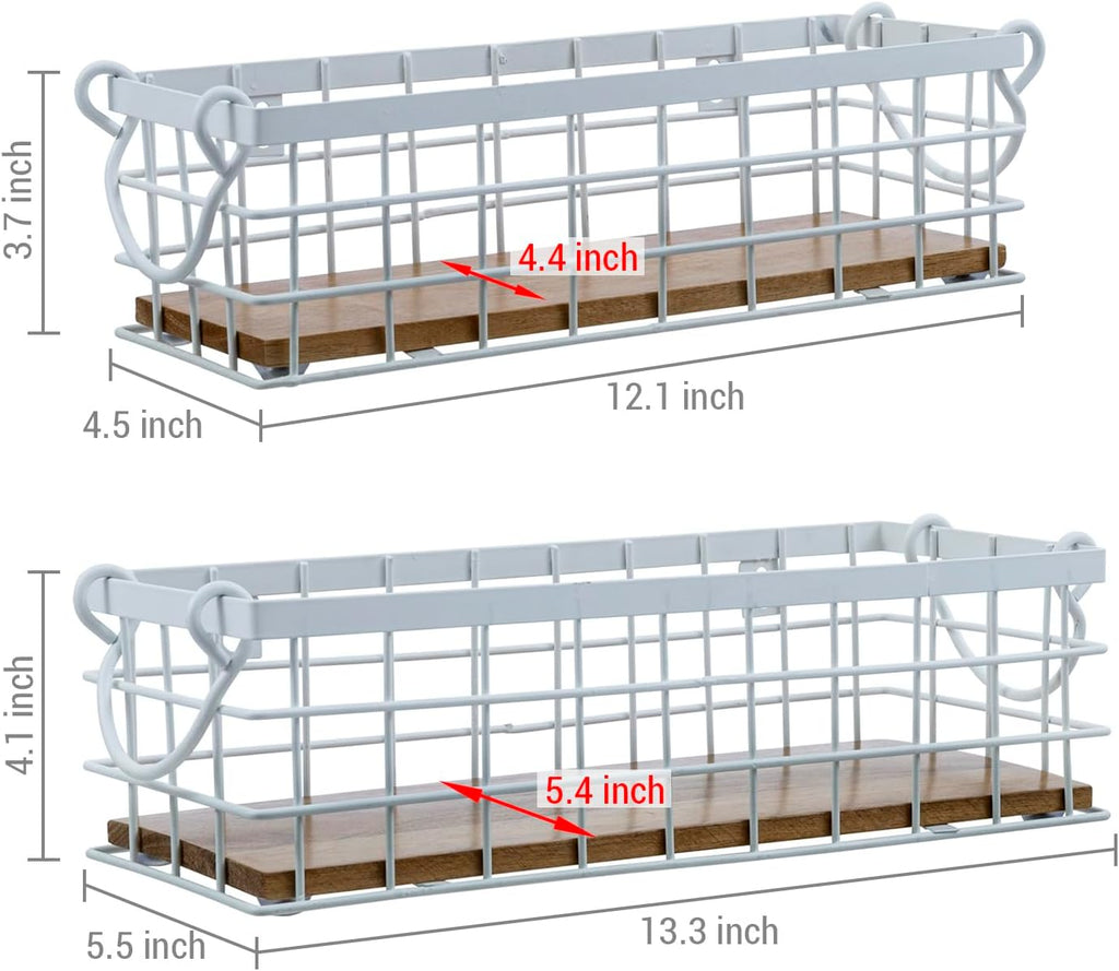MyGift 13 and 12 Inch Nesting Storage Baskets with Handles, Wall Mounted or Tabletop White Metal Wire and Premium Acacia Wood Decorative Shelf Organizer Bins, 2 Piece Set