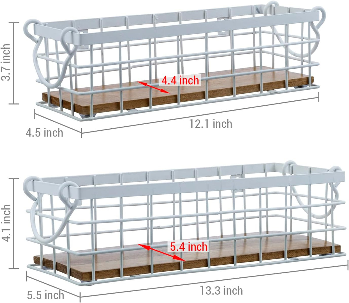 MyGift 13 and 12 Inch Nesting Storage Baskets with Handles, Wall Mounted or Tabletop White Metal Wire and Premium Acacia Wood Decorative Shelf Organizer Bins, 2 Piece Set