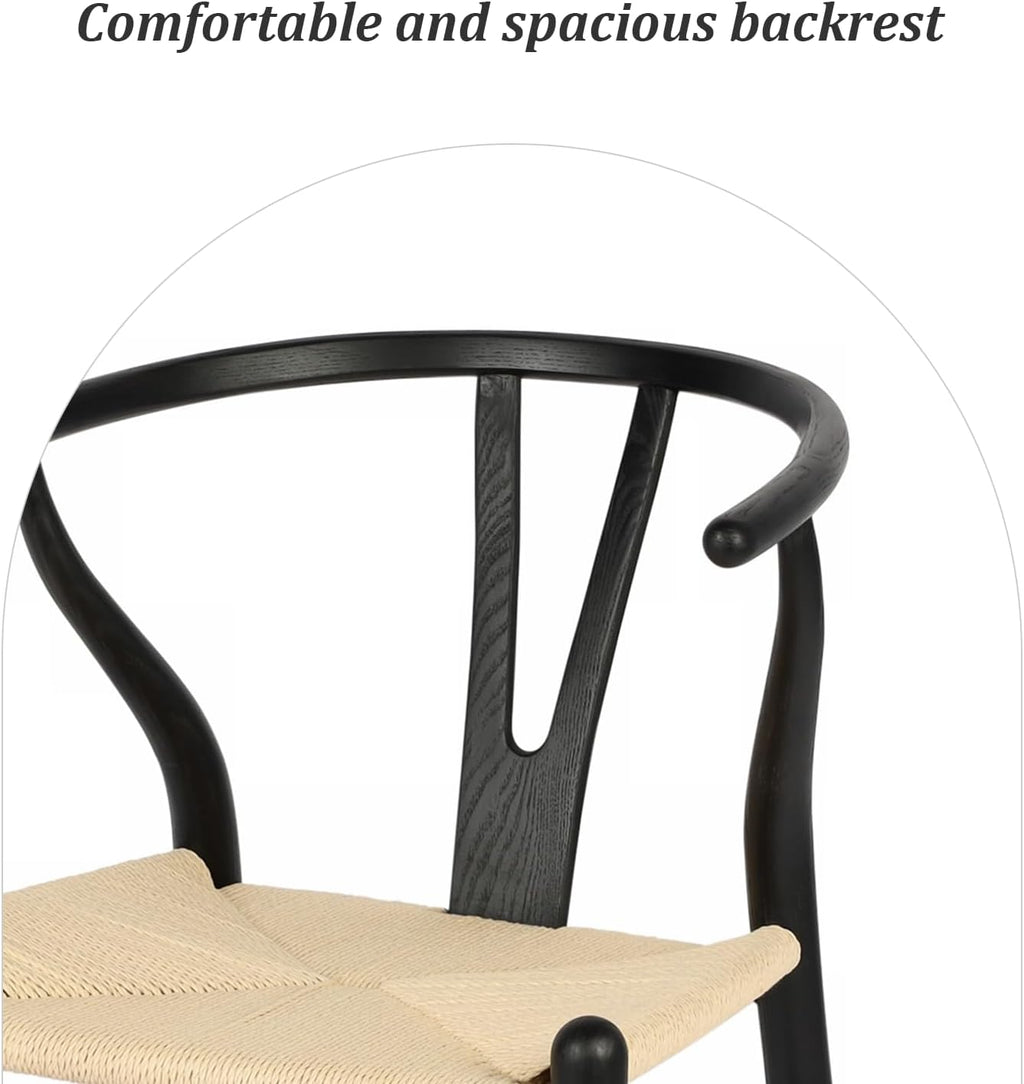 Wishbone Chair Natural Solid Wood Dining Chair/Hans Vegner Y Chair Rattan and Wood Accent Armrest Chairs Set of 2 (Ash Wood - Black + Natural Cord 2 Chairs)