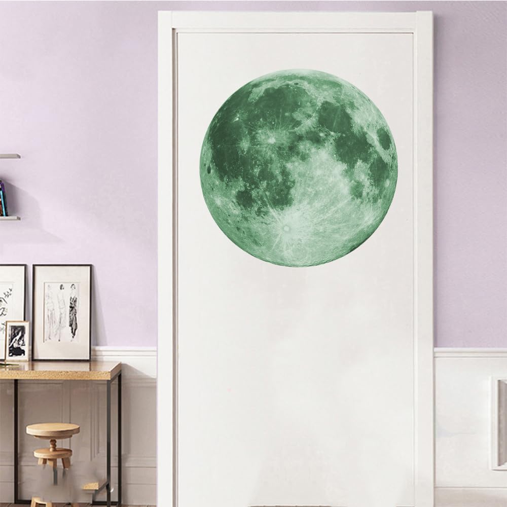 Quanhaigou Glow in The Dark Wall or Ceiling Moon Stickers – Green Luminous Big Moon Wall Stickers DIY Decor for Kid Room