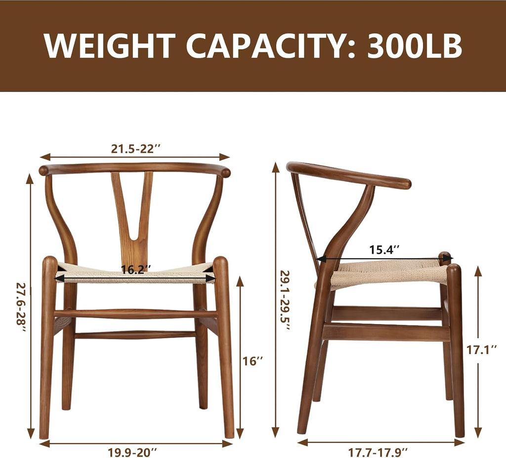 Wishbone Chair Natural Solid Wood Dining Chair/Hans Vegner Y Chair Rattan and Wood Accent Armrest Chairs (Ash Wood - Walnut 2 Chairs)