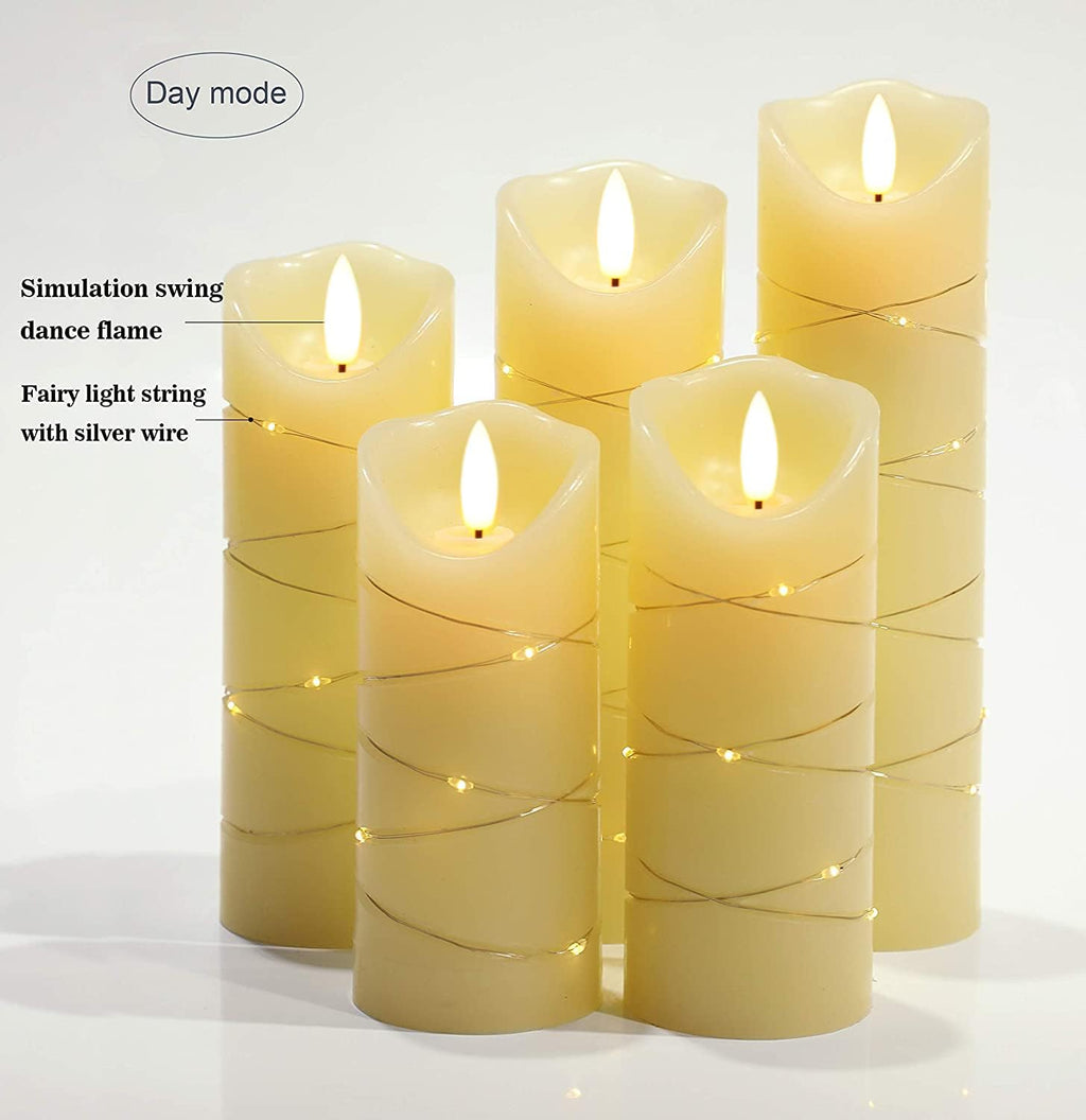 danip flameless Candle, with Embedded String Lights, 5-Piece LED Candles, with 10-Key Remote Control, 24-Hour Timer Function, Dancing Flame, Real Wax, Battery-Powered. (Ivory White)