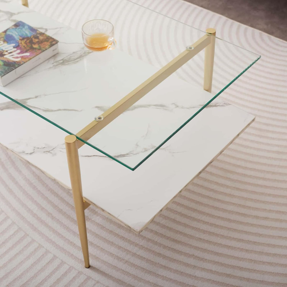 Rectangle Coffee Table for Living Room, Mid-Century Modern Design, L41 x W21 x H17, 2-Tier Structure, Clear Glass Top and White Marble Finish Wood Shelf, Conical Legs with Gold Finish