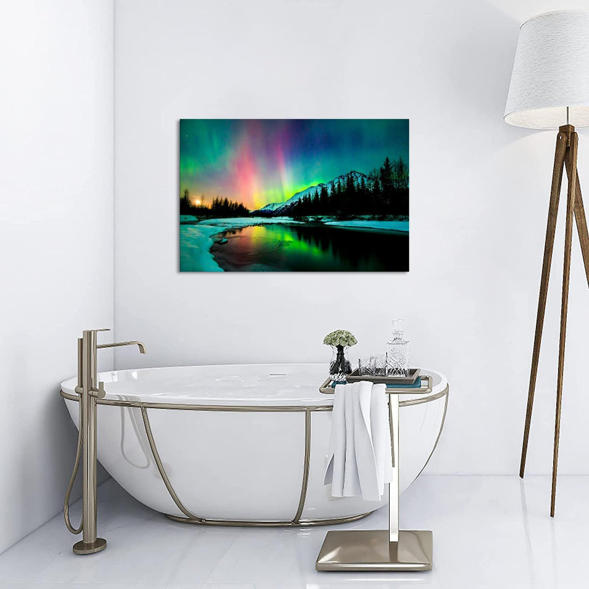 Aurora Borealis Canvas Wall Art Northern Lights Canvas Print Painting for Living Room Snowy-Mountains-Landscape Poster Picture Wooden Framed Prints Ready to Hang(28.00"x44.00")