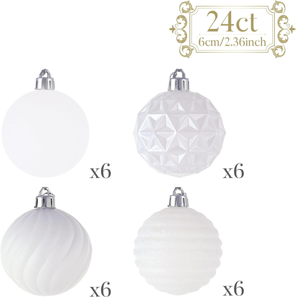 Valery Madelyn Christmas Ornaments Tree Decorations Set for Fall Halloween, 24ct White Shatterproof Ball Ornaments, 2.36" Hanging Ornament Bulk for Xmas Holiday Party Decor