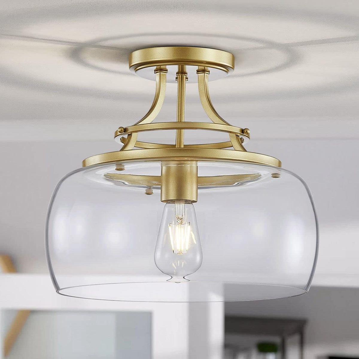 WUZUPS Chandelier Rustic Farmhouse Industrial Round Semi-flushmount Ceiling LED Light Fixture with Clear Glass Shades for Bathroom Kitchen Foyer Entryway, H 11.8" x W 13.4", E26 Base, Gold