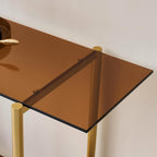 Glass Console Table for Living Room, Foyer & Entrance, 2-Tiers Mid-Century Modern Sofa Table with Amber Glass Top, Walnut Finish Wood Shelf and Gold Finish Frame