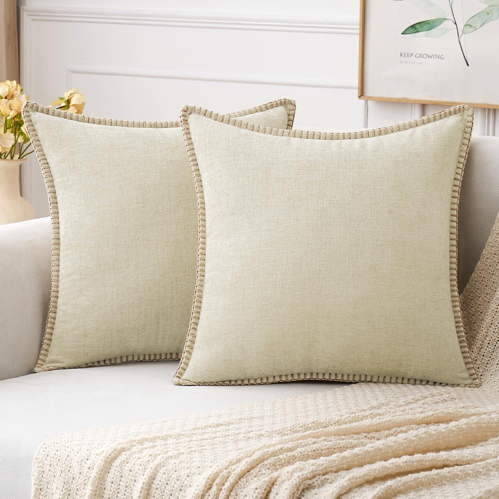MIULEE Pack of 2 Christmas Pillow Covers 16x16 Inch Cream White Farmhouse Decorative Throw Pillow Covers with Stitched Edge Soft Chenille Solid Dyed Couch Pillow Covers for Sofa Bed Living Room