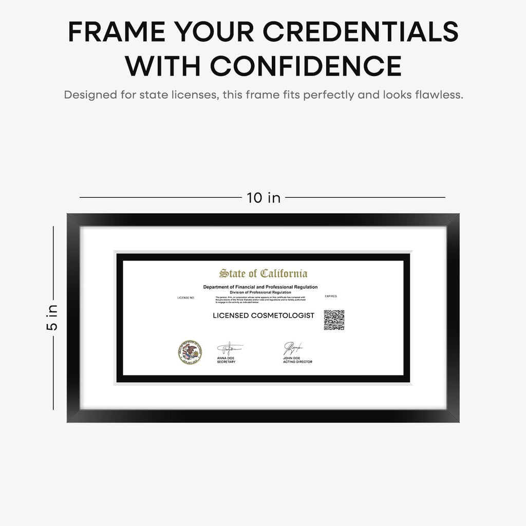 Homeforia 5x10 Business License Frame Black, High End Metal 5 x 10 Document Certificate Frame with Mat 4x9, 5 by 10 Professional License Frames for Wall or Tabletop, Tempered Glass, Wall Kit, Set of 1