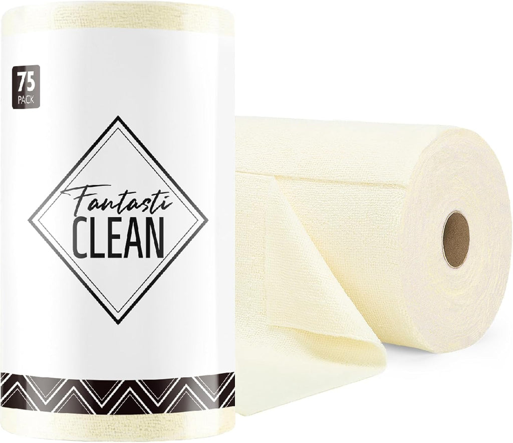 Fantasticlean Microfiber Cleaning Cloth Roll -75 Pack, Tear Away Microfiber Towels, 12" x 12", Reusable, Washable, Scratch Free, Ultra Absorbent Dish Rags for Car, Home, Garage or Shop (Beige)