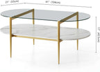 Oval Coffee Table, Mid-Century Modern Design, L41 x W21 x H17 inch, for Living Room, Clear Glass Top, White Marble Finish Wood Shelf & Gold Finish Frame