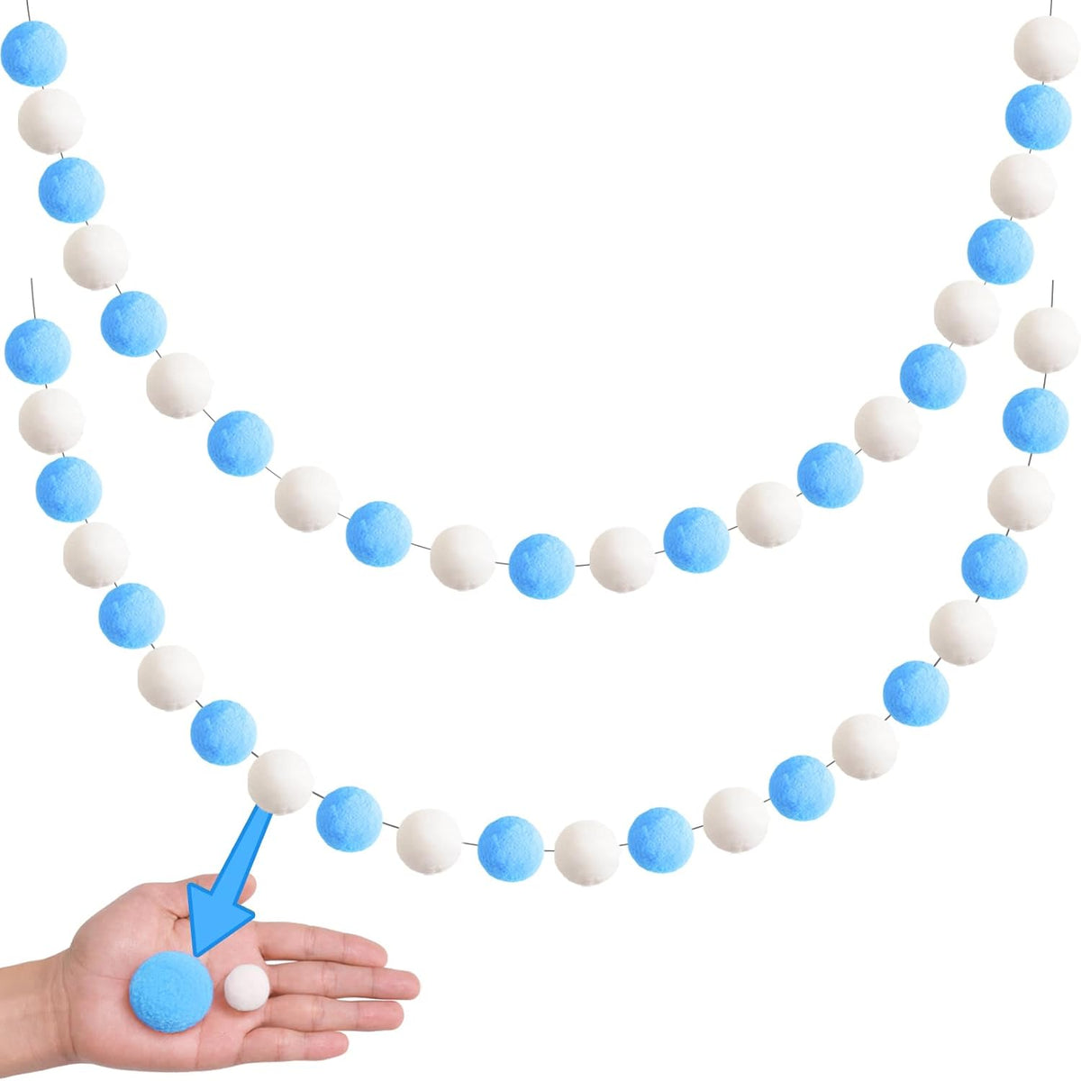 XmasExp Pom Pom Garland Decorations - Large Blue Felt Ball Garland for Mantle, Gender Reveal, Baby Shower, Tree Ornaments and Party Hanging Decor,13 Ft. (Blue, 1.57")