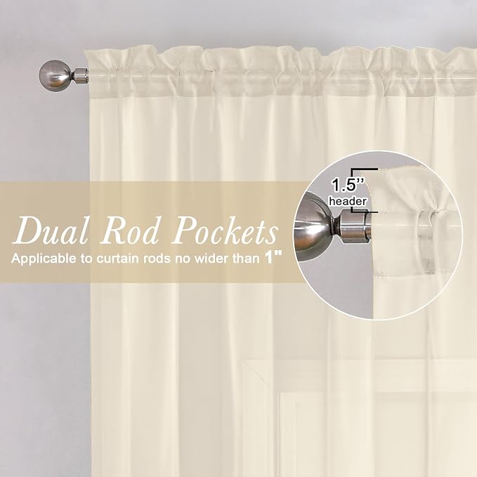 Cream Sheer Curtains 84 Inches Long 2 Pcs, Dual Rod Pocket Breathable Rustic - Image 6