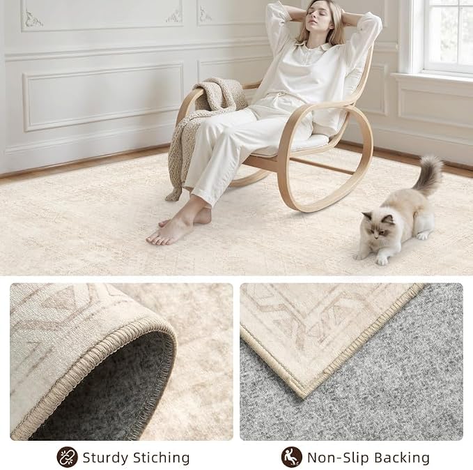 Round Area Rug Living Room: 8ft Neutral Washable Carpet Rug Beige | Vintage - Image 7