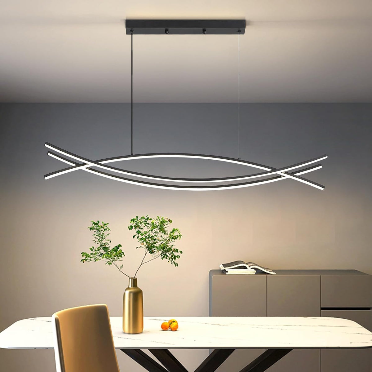 Modern Chandelier, Linear Pendant Light LED Dimmable Hanging Light Fixture, 3000K-6500K with Remote Control (Black, 47IN)