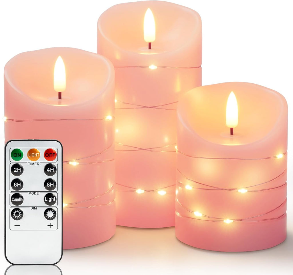 Homemory Flameless Candles with String Lights, 3 Pack Embedded Fairy String Lights LED Candles, Electric Flickering Candles with Remote Control and Timer, Real Wax, Pink