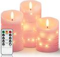 Homemory Flameless Candles with String Lights, 3 Pack Embedded Fairy String Lights LED Candles, Electric Flickering Candles with Remote Control and Timer, Real Wax, Pink