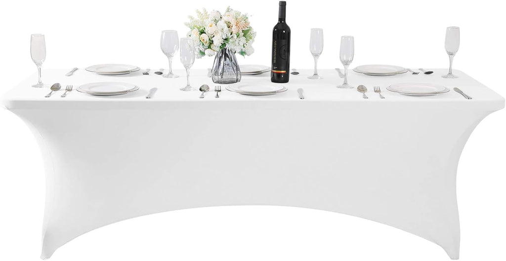 SuperO Waterproof Spandex Table Cover for 8FT Table Universal Fitted Stretch Tablecloth for Party, Banquet, Wedding and Events-White