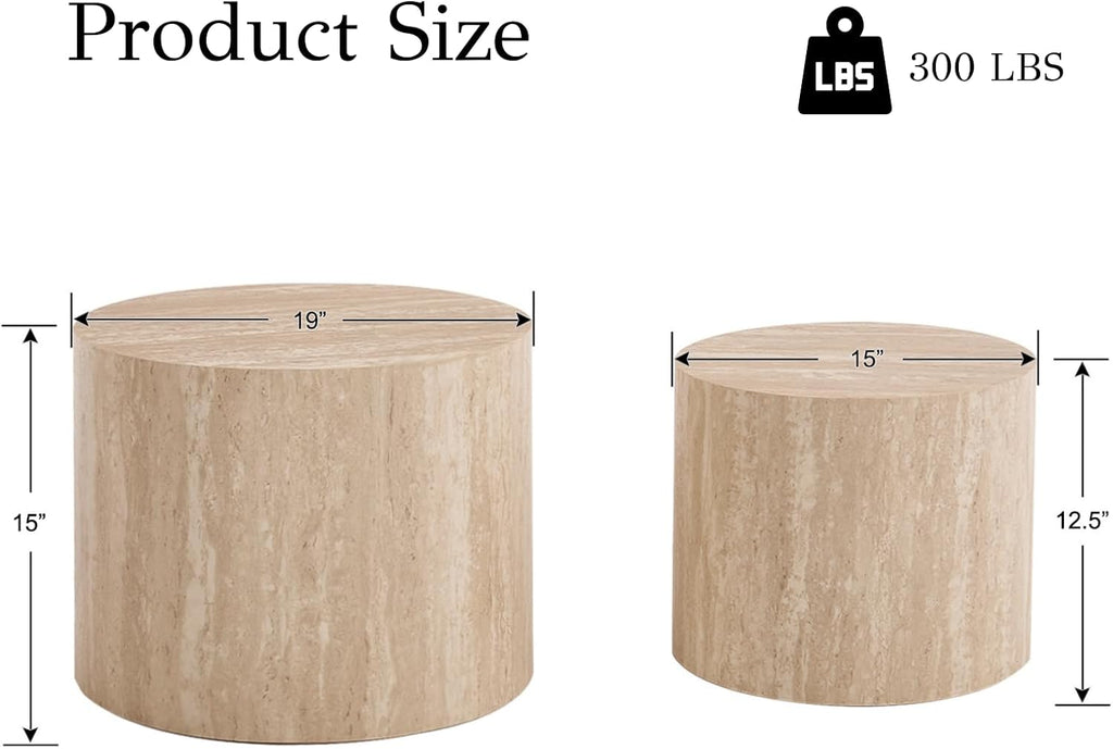 EALSON Nesting Coffee Table Set of 2 Modern Round Wood Coffee Table Circle Fluted End Tables Accent Tables for Small Space/Living Room/Bedroom, Travertine
