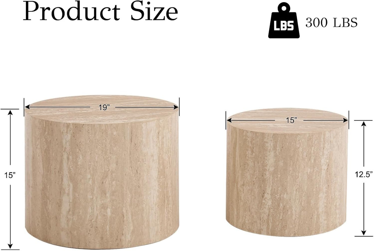 EALSON Nesting Coffee Table Set of 2 Modern Round Wood Coffee Table Circle Fluted End Tables Accent Tables for Small Space/Living Room/Bedroom, Travertine
