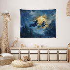 Spooky Halloween Witch Tapestry Wall Hanging Dark Fantasy Night Sky Aesthetic Print Flying Witches Under Full Moon Tapestries Horror Ghost Halloween Party Decor for Living Room Bedroom 50x60inch