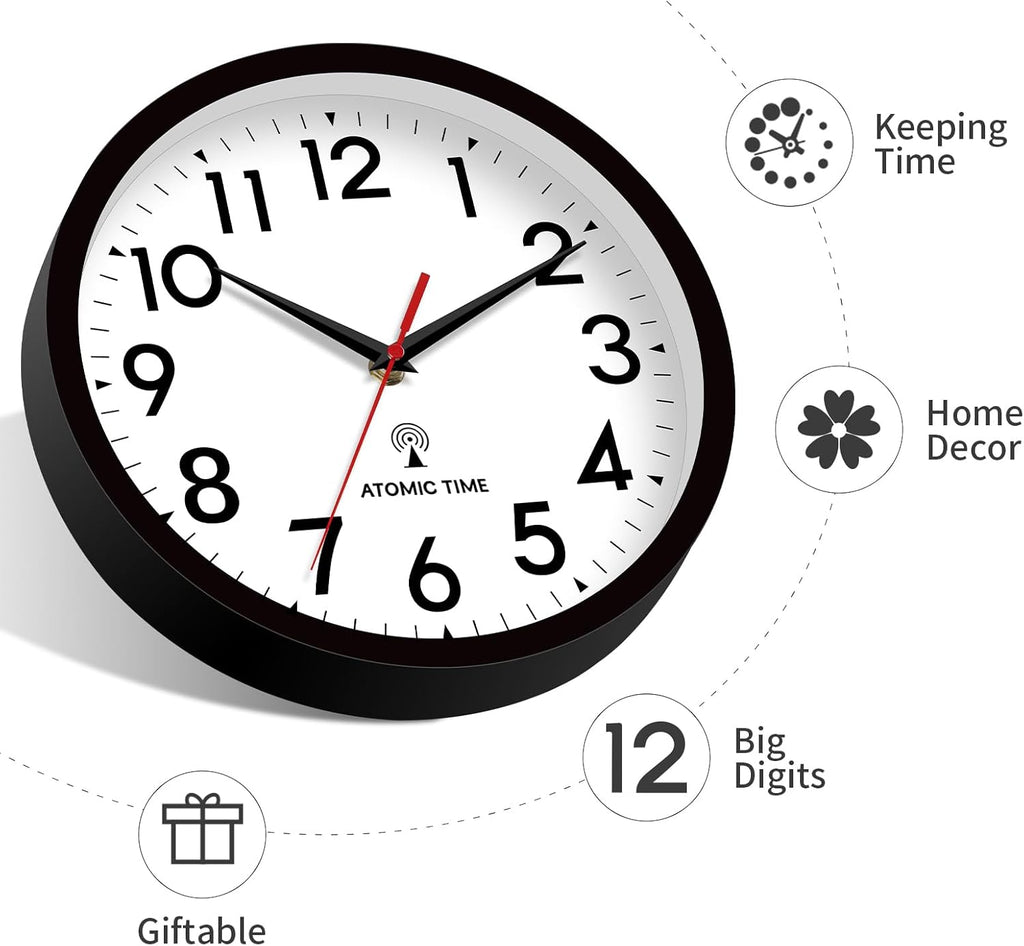 Atomic Wall Clock Analog 10 Inch Battery Operated Modern Decorative for Living Room Kitchen Office Bedroom Bathroom(Black)
