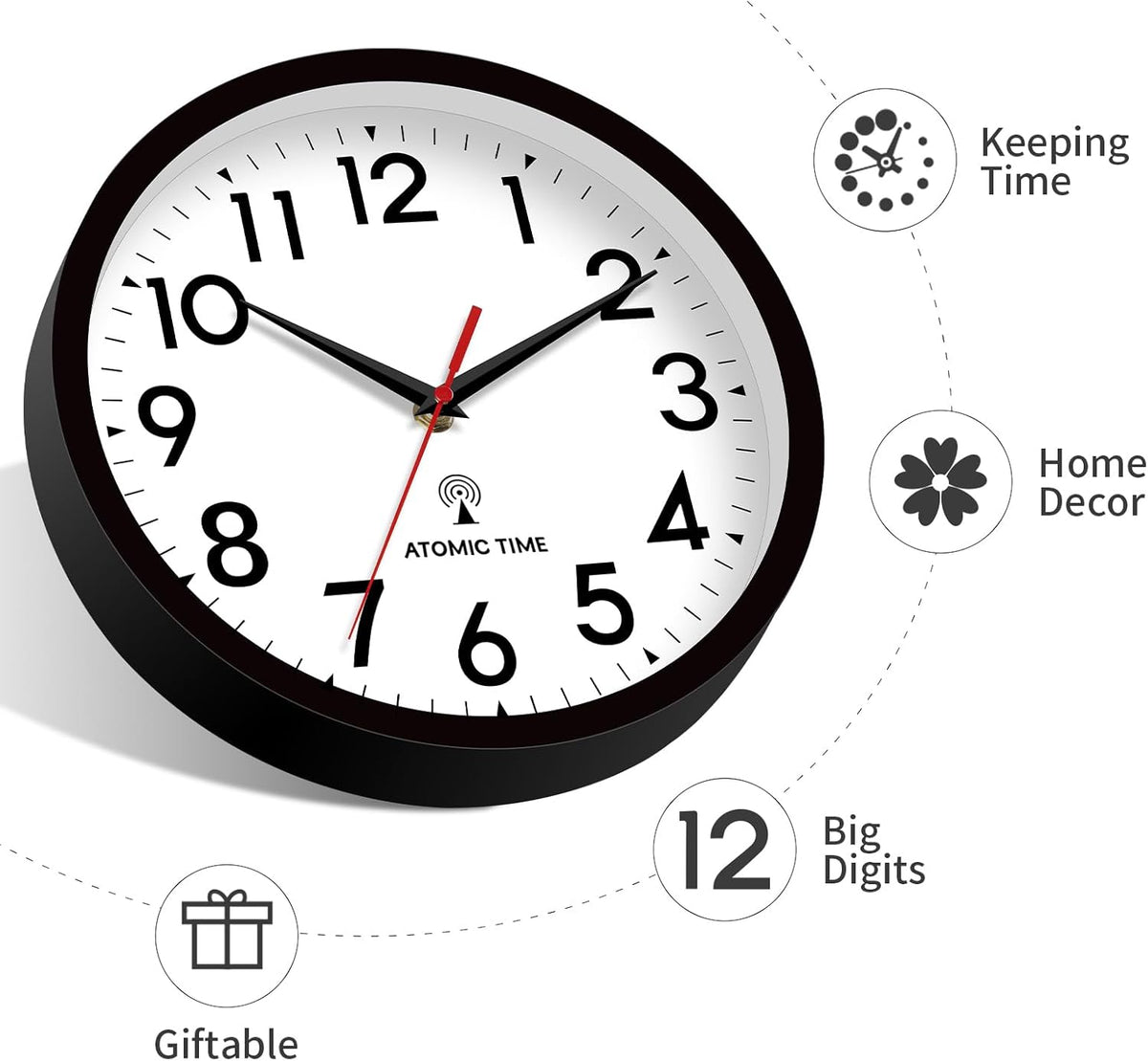 Atomic Wall Clock Analog 10 Inch Battery Operated Modern Decorative for Living Room Kitchen Office Bedroom Bathroom(Black)