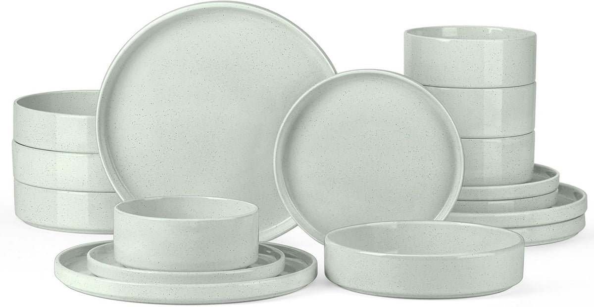 Onader Speckled Dinnerware Set for 4 with Pasta Bowl, 16 Piece Stoneware Plates and Bowls Dishes Set, Microwave & Dishwasher Safe – Pale Sage Green