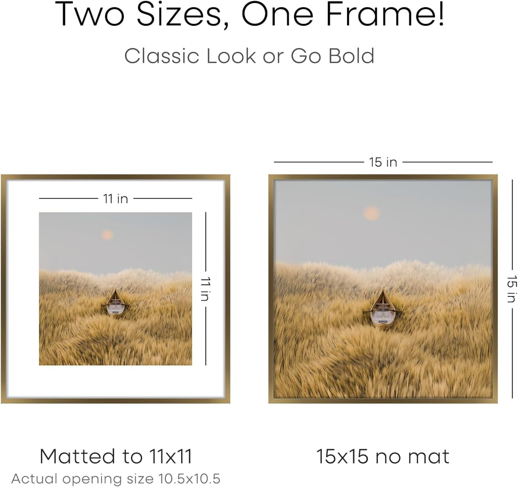 Homeforia 15x15 Picture Bronze Frame, High End Metal 15 x 15 Square Poster Frame with Mat 11 x 11 Photo, 15x15 Brass Frame Matted to 11x11 Print, 15by15 Thin Frames, Tempered Glass, Wall Kit, Set of 1