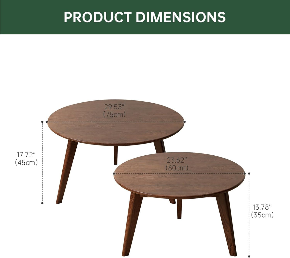 100% Solid Oak Wood Coffee Table Set, Round Coffee Table Combo Side Table w/Solid Wood Legs, Mid Century Table Sturdy Tables for Bedroom Balcony Living Room (Walnut, Big-Medium Combo)