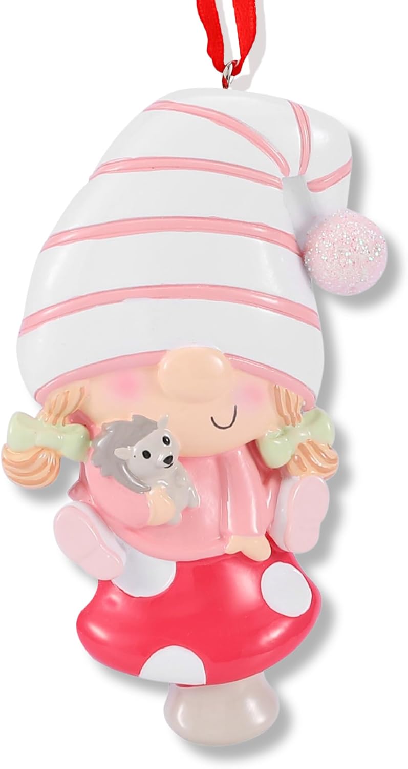 Ornaments by Elves - Personalized Baby Gnome Pink Christmas Ornaments 2024 Adorable Girl Gnome on Red Mushroom Great Addition to Christmas Decor Personalized Gifts in a Giftable Packaging