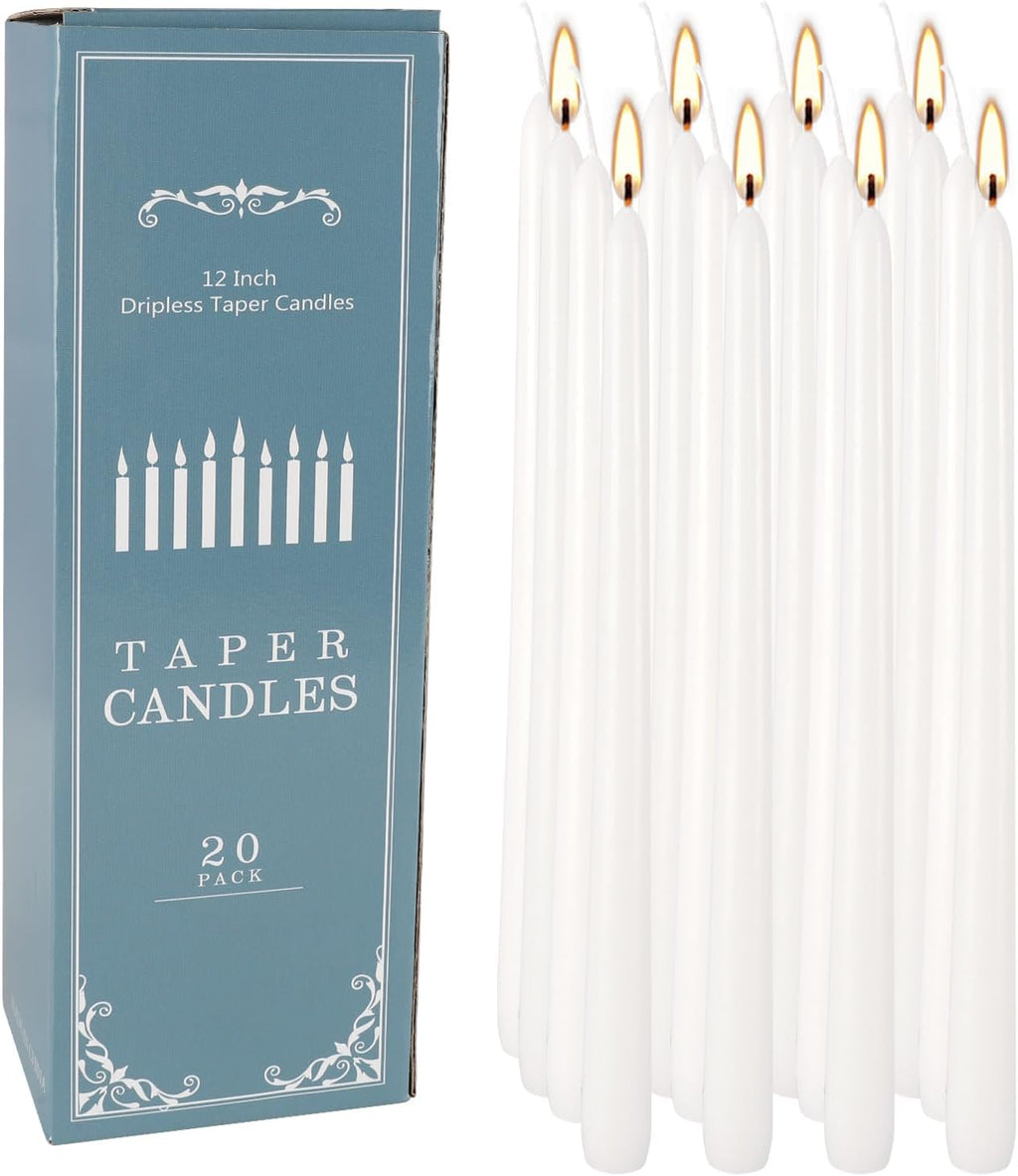 20 Pack White Taper Candles 12 Inch Tall 3/4 Inch Thick Burn 10 Hours