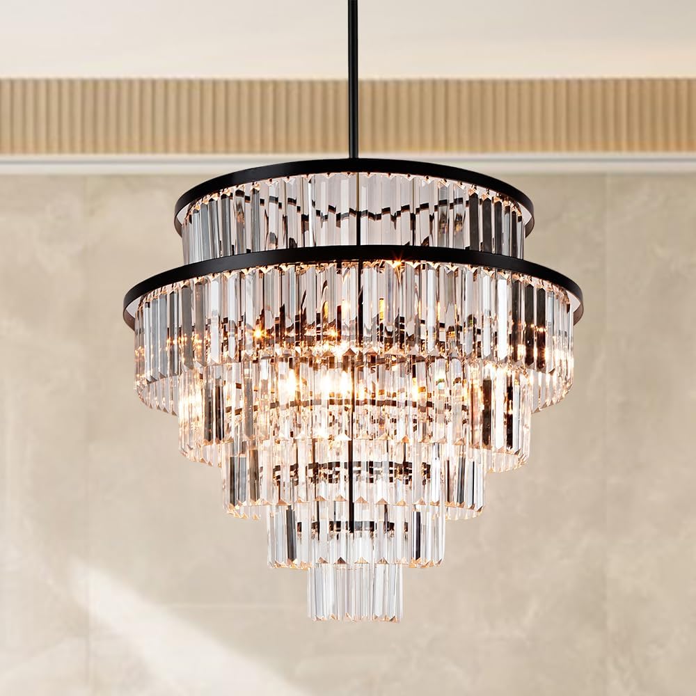 Luxury 6-Tier Round K9 Crystal Chandelier, Black Finish 26 Inch Diam Ceiling Light, Classic Elegant Chandelier with Crystal Piece, Lighting Fixture for Hallway, Bedroom, Living Room