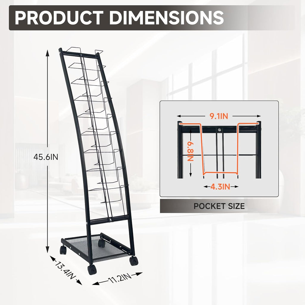 tongmo Magazine Rack: Floor-Standing with Wheels, 9-Tier Brochure Display Stand for Exhibitions, Office, and Any Organization Requiring Information Display