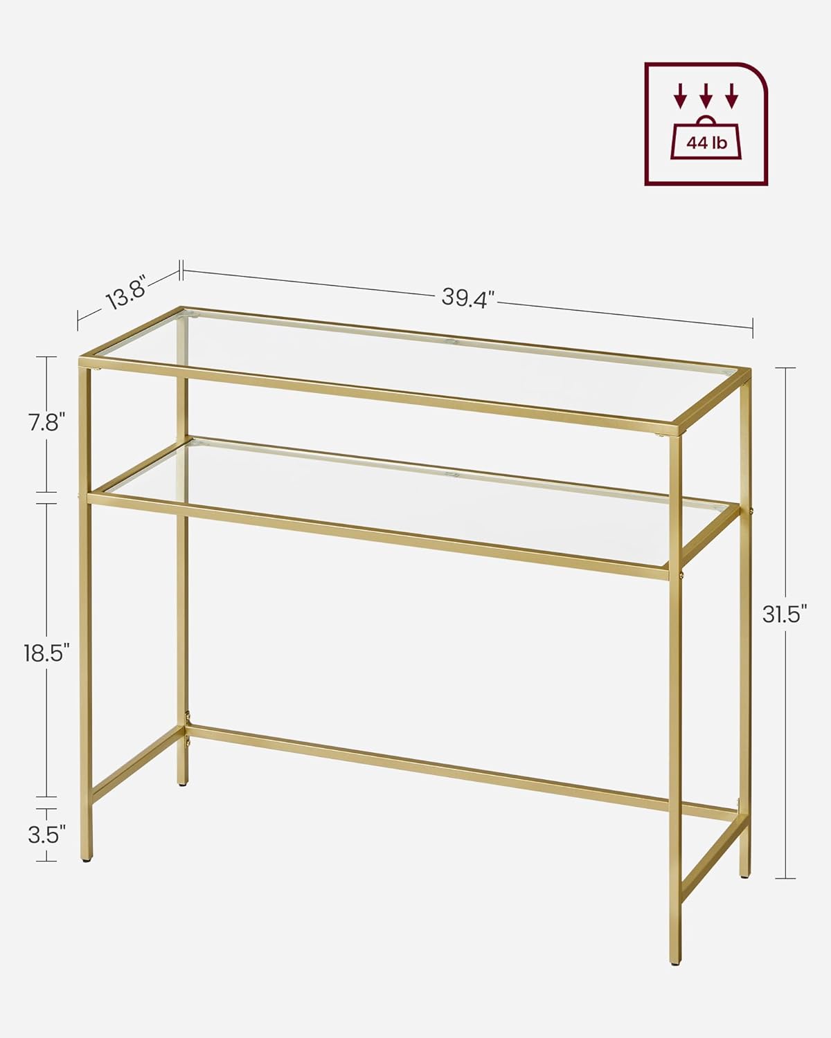 VASAGLE 39.4 Inch Console Sofa Table, Modern Entryway Table, Tempered Glass Table, Metal Frame, 2 Shelves, Adjustable Feet, for Living Room, Hallway, Gold Color ULGT025A01