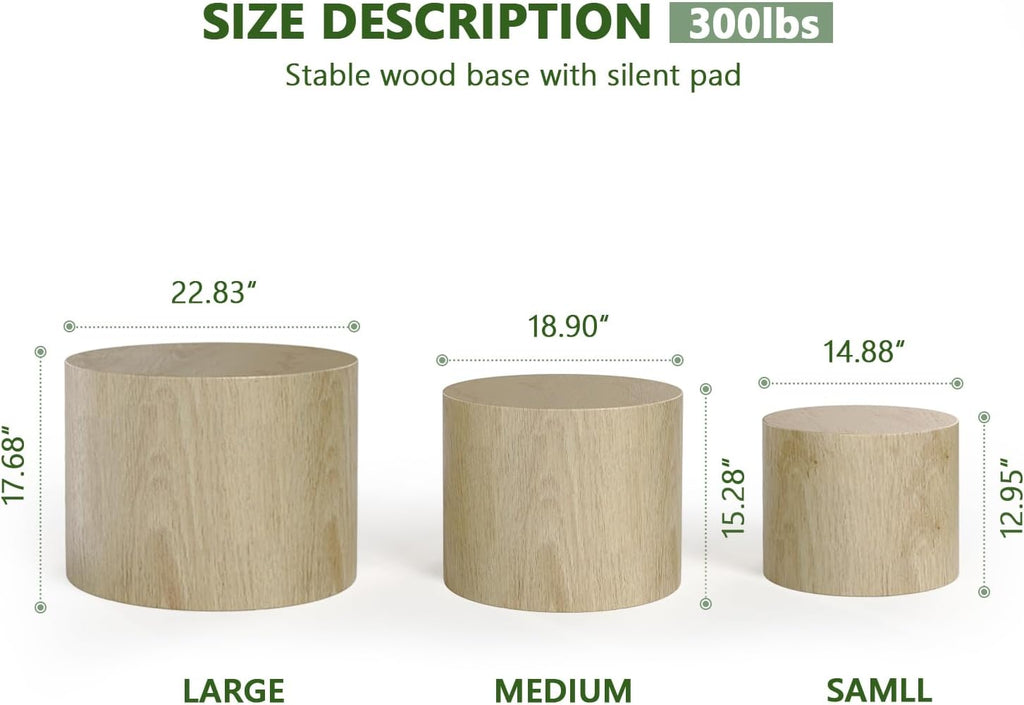 Vikiullf Nesting Coffee Table Set of 3, Round Wooden Coffee Tables, Modern Circle Table for Living Room Side Table End Table, Saving Space Design and No Need Assembly,Natural Wood Grain