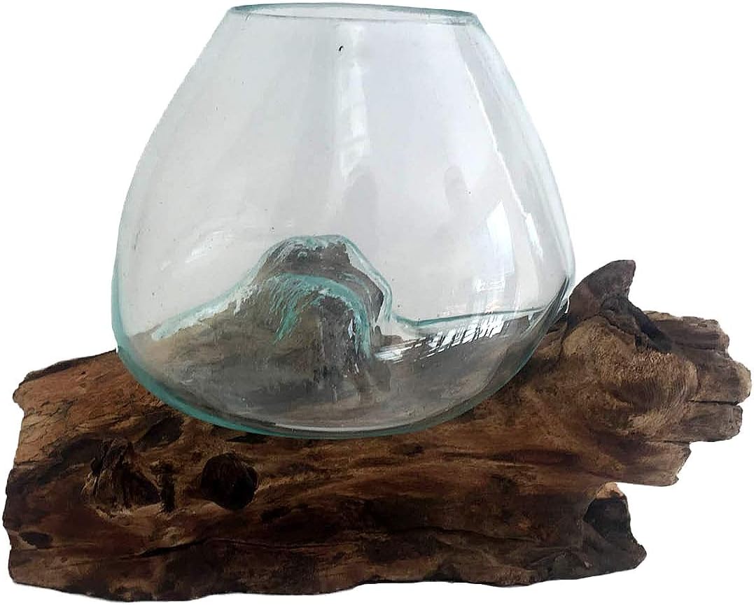 Hand Blown Molten Glass & Teak Wood Terrarium/Vase/Fish Bowl - Premium Quality (7" - 9" High)