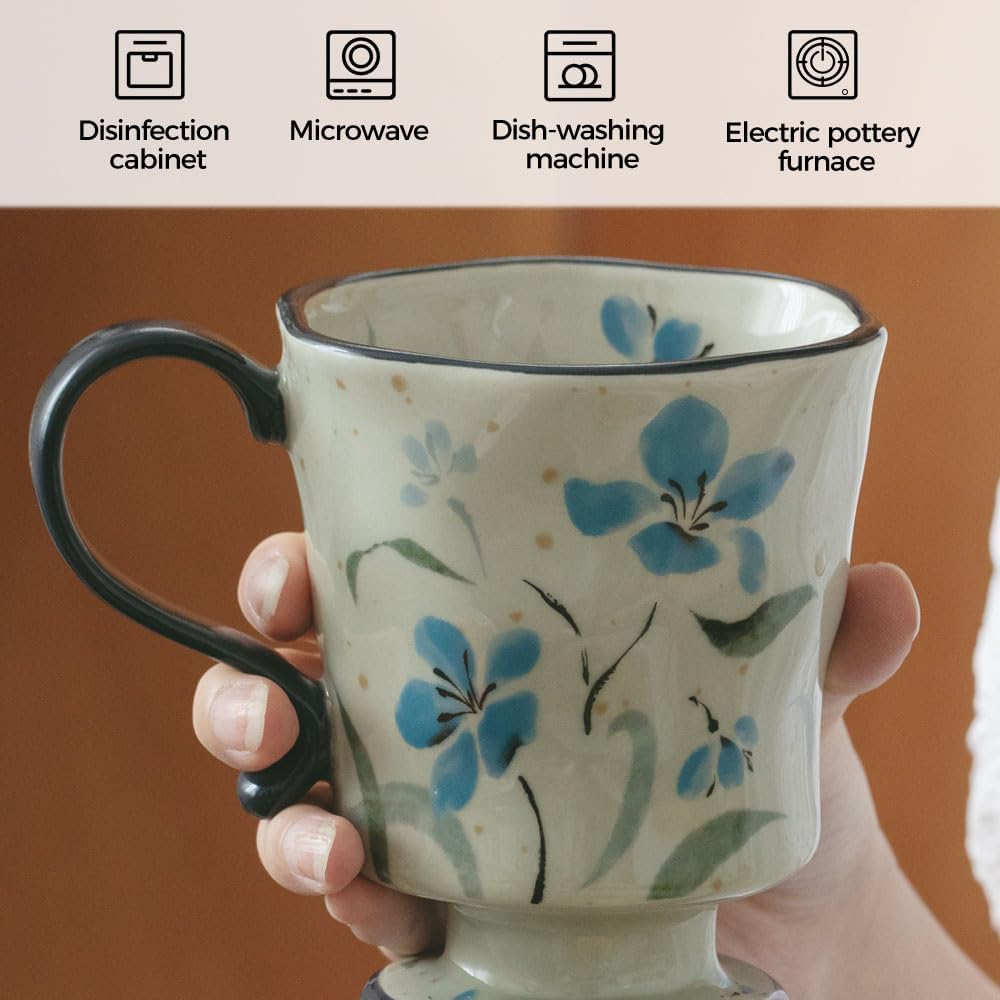 360ml -12.17oz Painted Forget-Me-Not Floral Ceramic Mug - Cute Coffee Cup for Latte, Espresso - Gift for Women, Dishwasher Safe