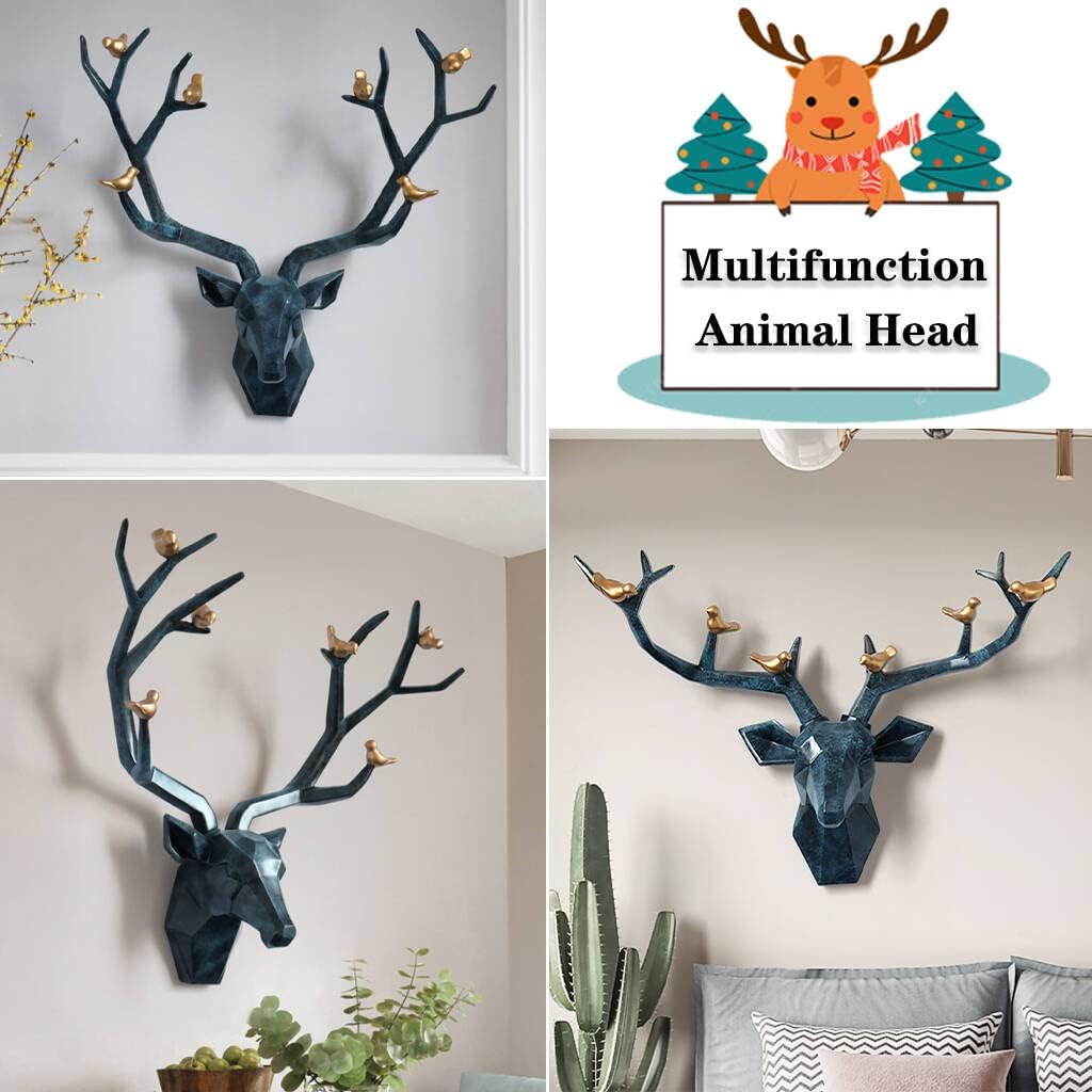 Deer Head Wall Decor Geometric Rustic Wall Mounted Deer Head, Faux Taxidermy Animal Head Wall Art Pendant, Handmade Resin Head Sculptures for Porch, Detachable Antlers, 6 Styles(Blue,20.1x20.4IN)
