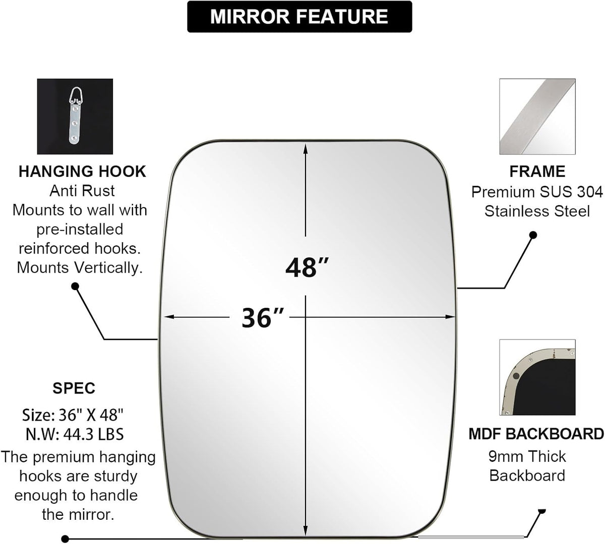 ANDY STAR Brushed Nickel Oblong Mirror, 36x48 Inch Brushed Nickel Oval Mirror for Bathroom with Stainless Steel Metal Frame, Wall Mouned for Bathroom, Living Room, Entryway