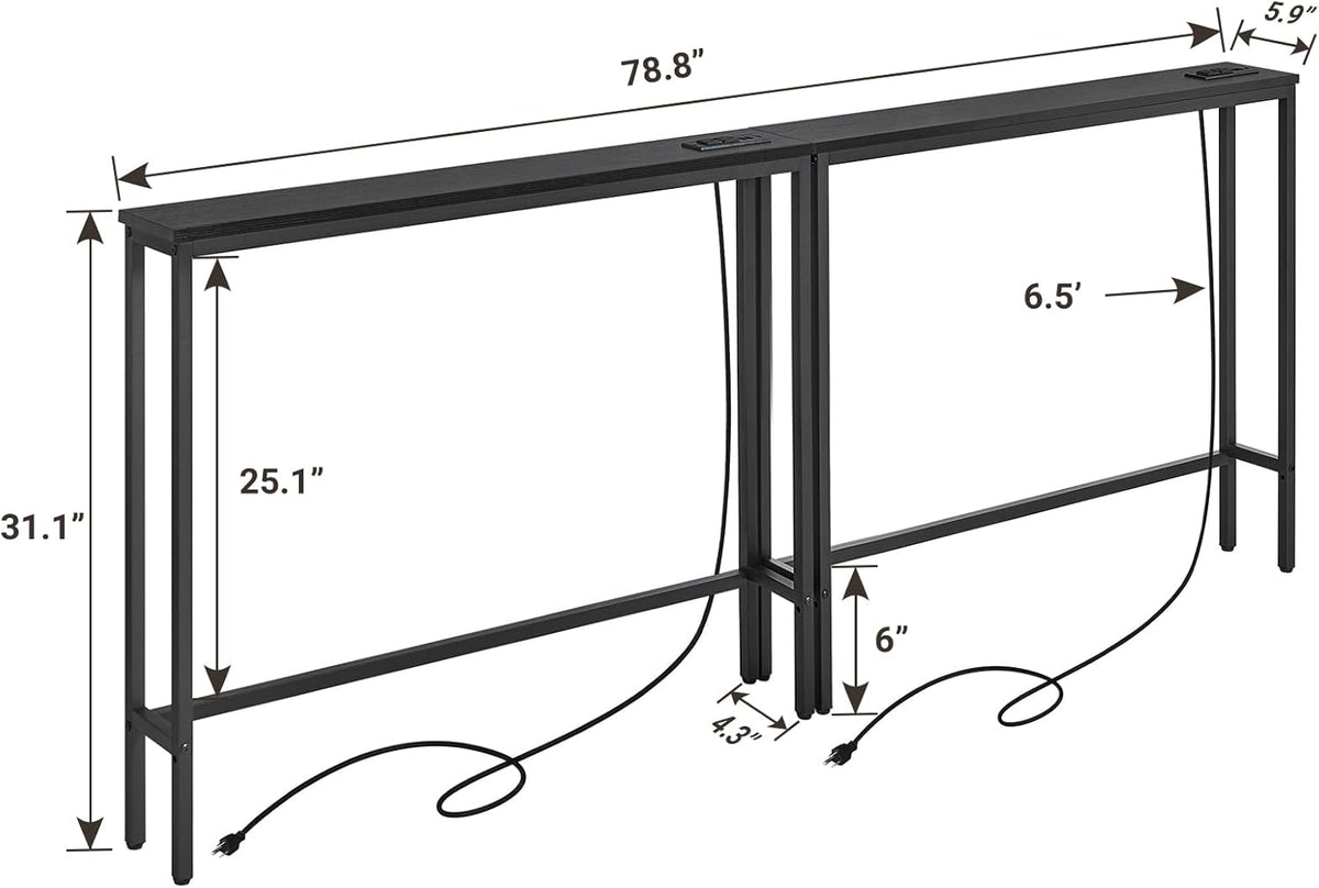 ELYKEN 2 Pack 5.9" Narrow Console Sofa Table with Power Outlets, 5.9" Dx39.4 Wx31.1 H Long Black Behind Couch Table with Metal Frame and Charge Station with 6.5’ Extension Cord