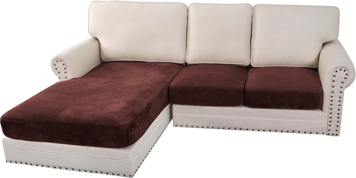 H.VERSAILTEX Velvet Stretch Sectional Couch Covers 3 Pieces Sofa Seat Cushion Covers L Shape Separate Cushion Couch Cover for Both Left/Right Sectional Couch (Large Sofa 2 Seater + 1 Chaise, Brown)