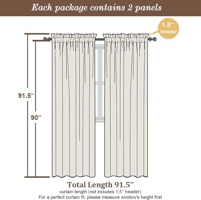 Chyhomenyc Cream Sheer Curtains 90 Inches Long 2 Panels, Light Filtering Cream - Image 5
