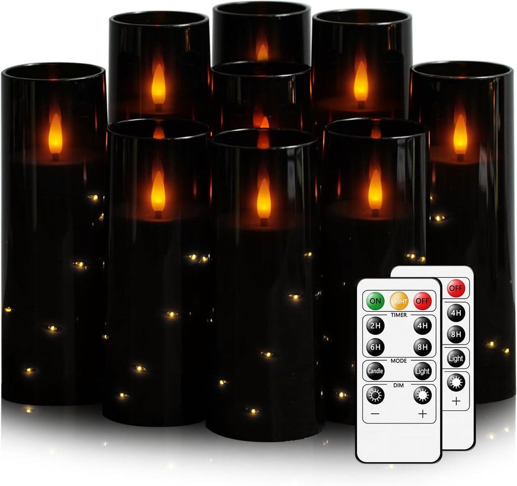 Flickering Flameless LED Candles, 9 Pcs with Embedded Star String, Acrylic LED Pillar Candles with Remote, Suitable for Home Decoration (Black)