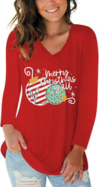 Tobrief Women's Long Sleeve V-Neck Shirts Fall Graphic Tees Loose Casual T-Shirt